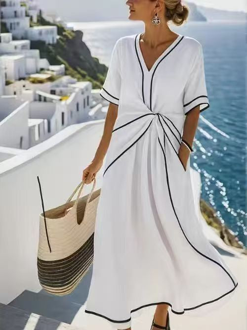 Robe Longue D'été Imprimée Rayures Décontractée Plage Vacances Manches Courtes Vêtements Femme