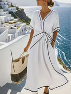 Robe Longue D'été Imprimée Rayures Décontractée Plage Vacances Manches Courtes Vêtements Femme