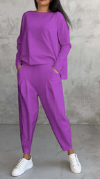 Ensemble tailleur irrégulier femme - Haut à manches longues et col rond et pantalon sarouel ample avec poches - Vêtements pour femmes style Ins