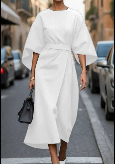 Robe Ample à Manches Chauve-souris, Taille Cintrée, Couleur Unie, Robes Élégantes pour Femme