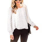 Chemisier Femme en Mousseline Jacquard Col Rond Manches Longues Lanterne