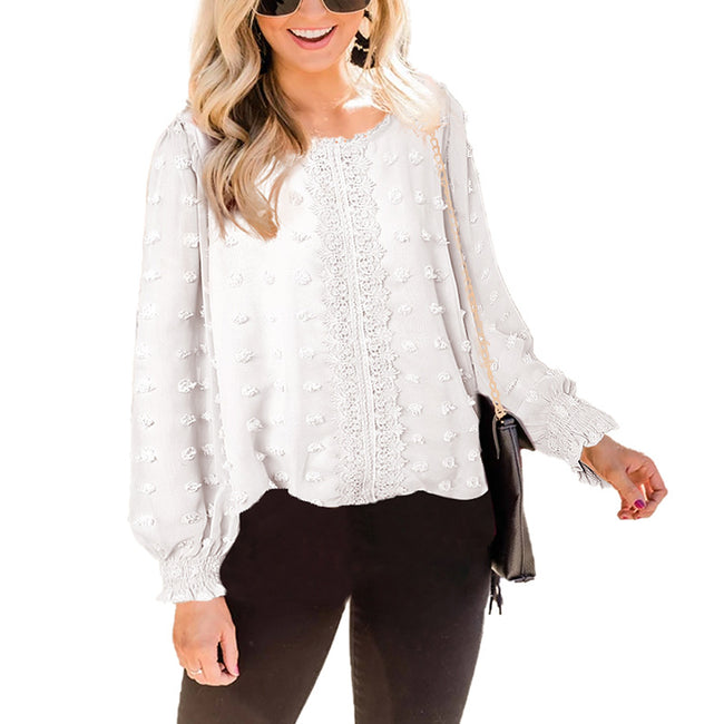 Chemisier Femme en Mousseline Jacquard Col Rond Manches Longues Lanterne Main Image