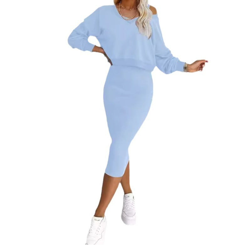 Ensemble deux pièces pour femme, costume décontracté, sweat-shirt à manches longues et col en V, et robe sans manches