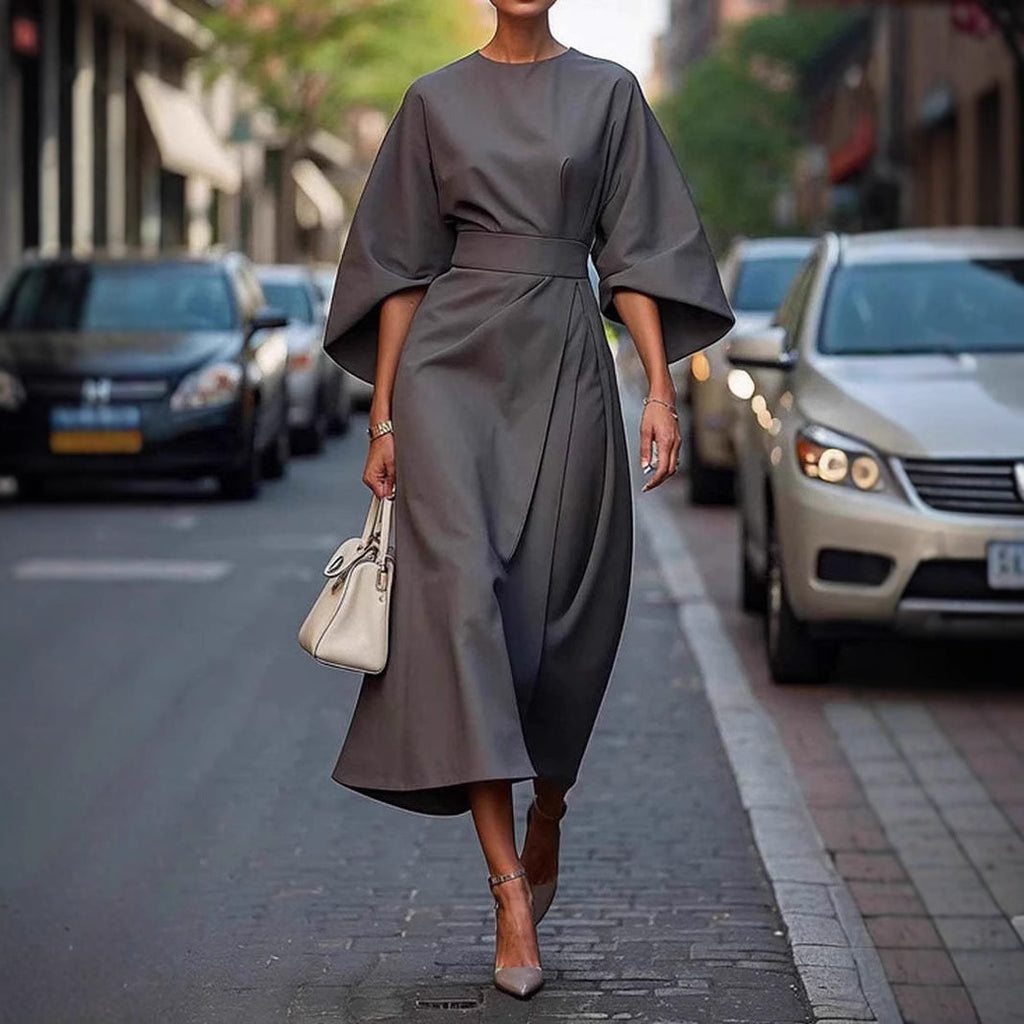 Robe Ample à Manches Chauve-souris, Taille Cintrée, Couleur Unie, Robes Élégantes pour Femme