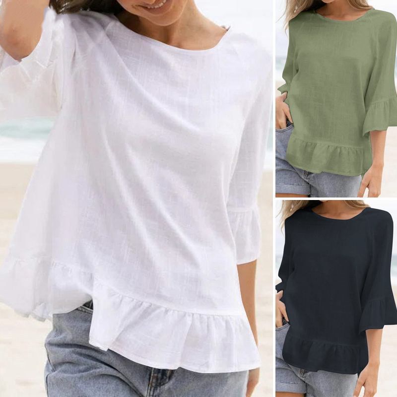 T-shirt décontracté à volants en coton et lin de couleur unie pour femme, chemisier de plage