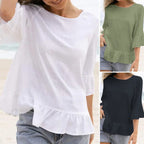 T-shirt décontracté à volants en coton et lin de couleur unie pour femme, chemisier de plage