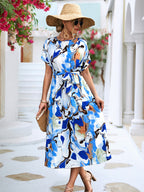 Robe d'été imprimée à manches courtes, ample, à lacets, de coupe trapèze, longue, à la mode, décontractée, pour la plage, pour femmes