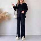 Vêtements d'automne pour femmes Couleur unie Fermeture éclair Tricot Col roulé Côtelé Tenue d'intérieur Ensemble deux pièces