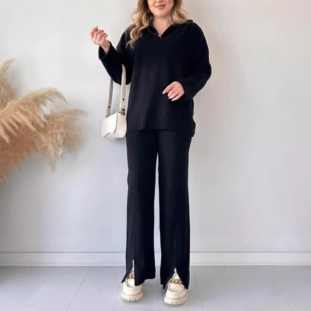 Vêtements d'automne pour femmes Couleur unie Fermeture éclair Tricot Col roulé Côtelé Tenue d'intérieur Ensemble deux pièces