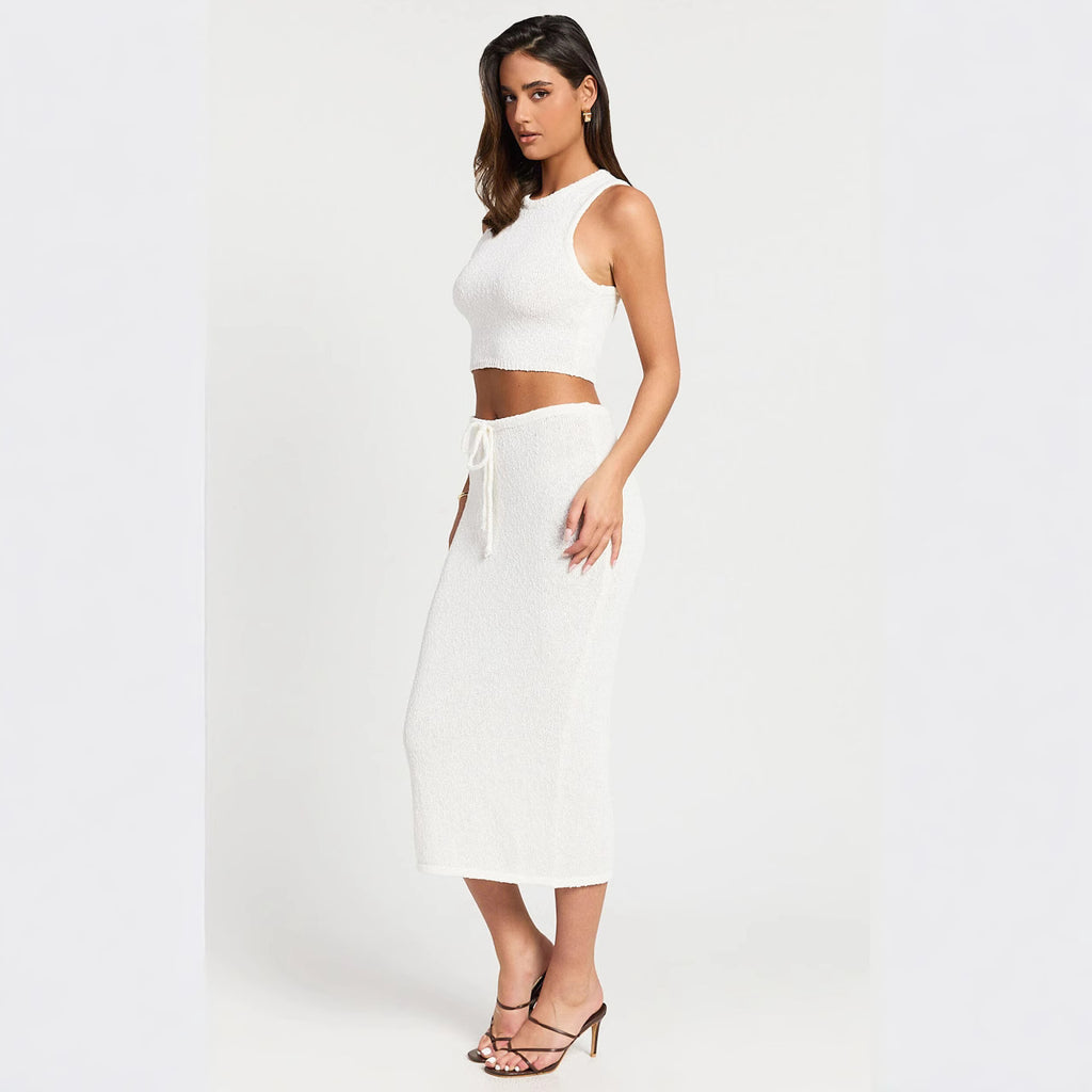 Ensemble deux pièces jupe longue taille haute tricotée sans manches de couleur unie pour femme, mode vacances