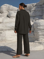 Ensemble Deux Pièces Femme Grande Taille Cardigan Manches Longues Élégant Costume Décontracté Couleur Unie
