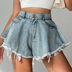 Short en jean taille haute ample à pampilles pour femmes