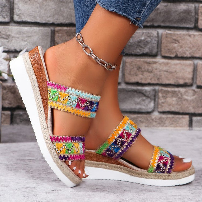 Sandales tissées à motif ondulé, style ethnique décontracté d'été, pantoufles à semelle en lin, chaussures compensées à brides larges pour femmes Main Image