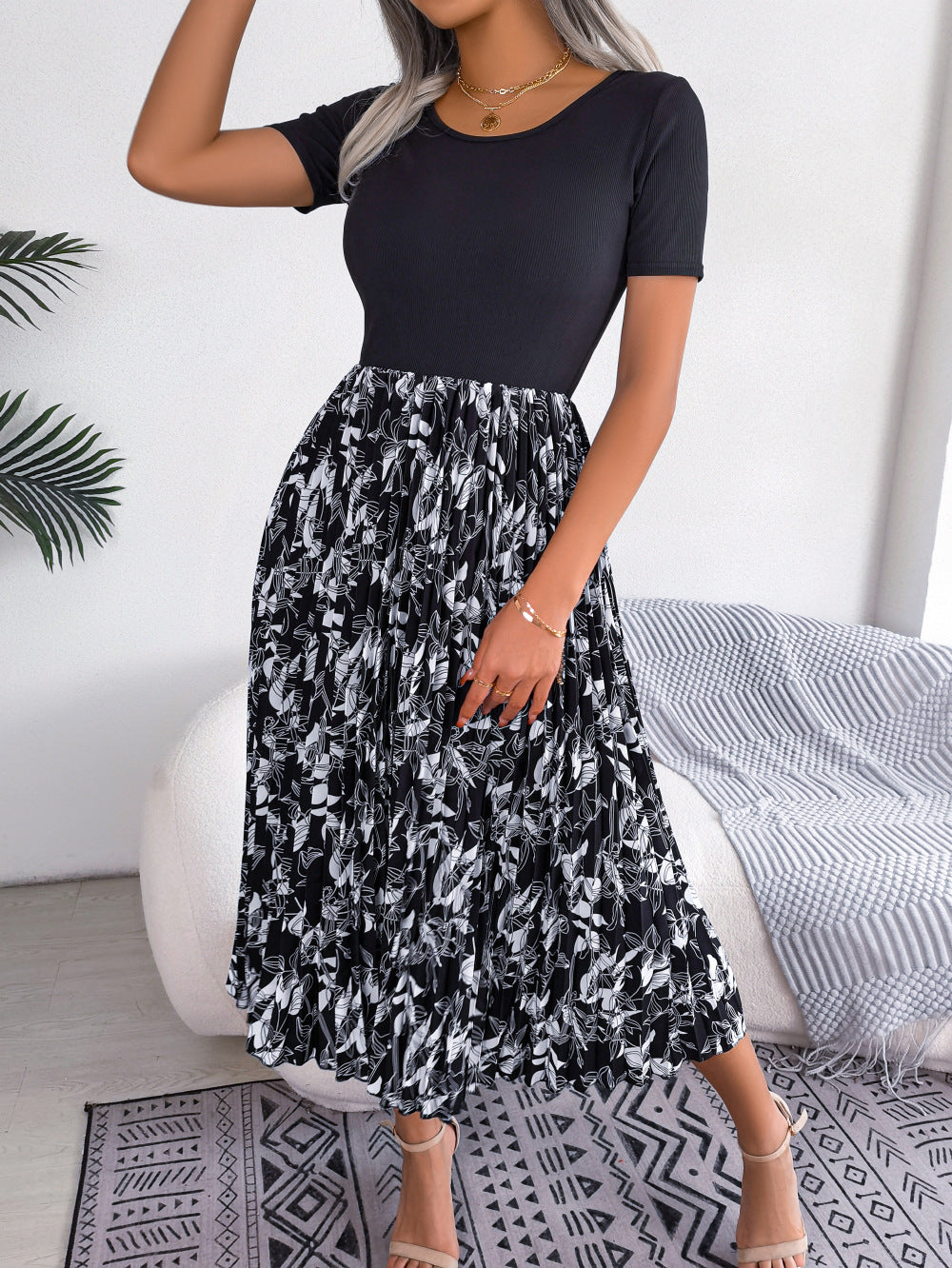 Femmes Robe midi plissée taille haute imprimé feuilles décontractée