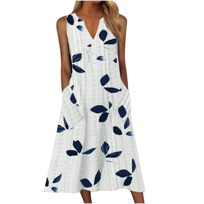 Robe mi-longue décontractée à col en V et taille nouée à motifs de feuilles pour femme Main Image