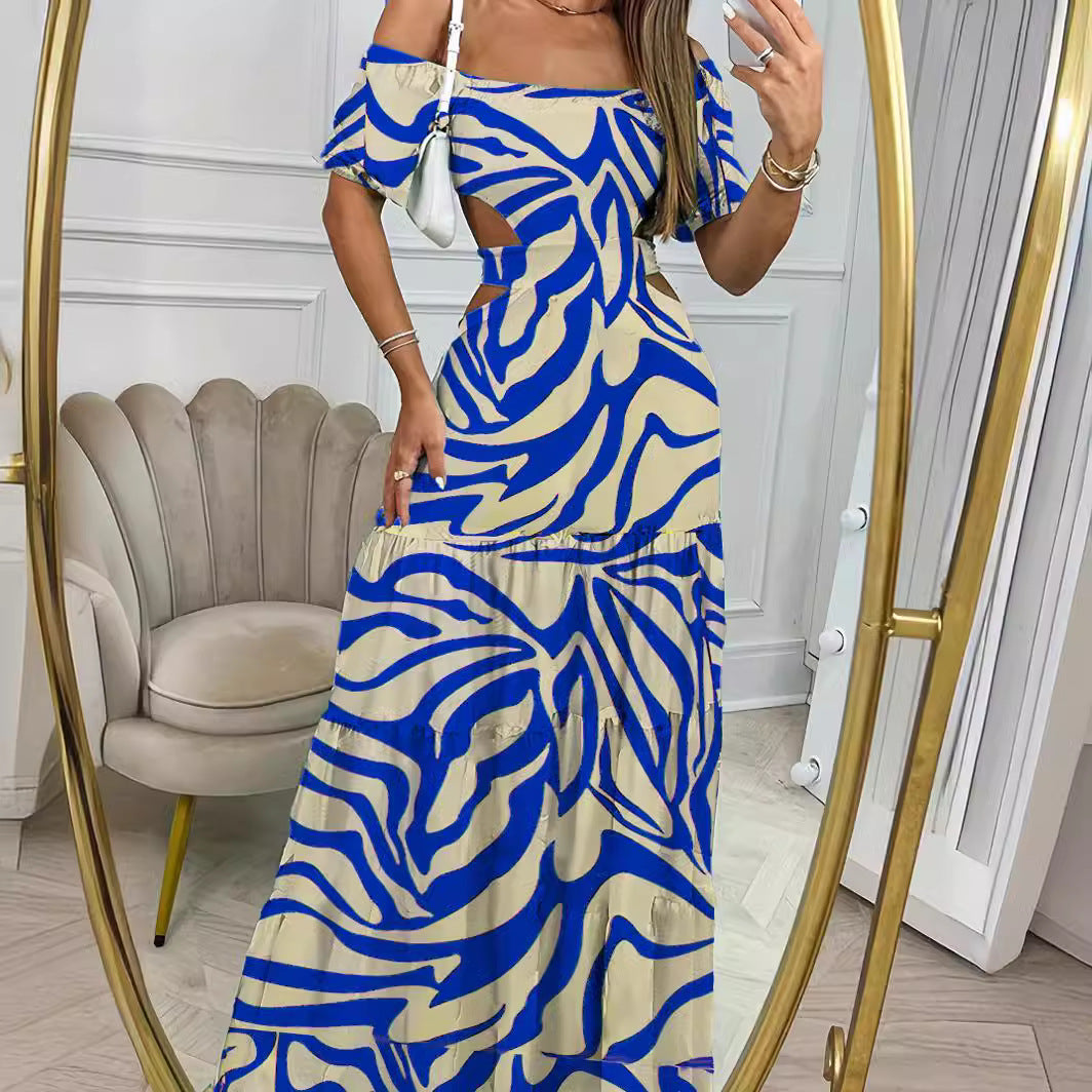 Robe longue à col une ligne imprimé et manches courtes avec taille creuse, pour les vacances d'été. Vêtements pour femmes.