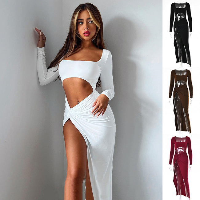 Robe longue à manches longues pour femmes, mode, col en U creux, robe de soirée de mariage fendue Hover Image
