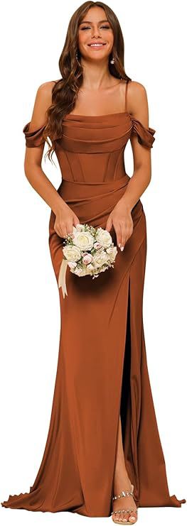 Robe de bal corset en satin épaules dénudées pour demoiselle d'honneur