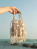 Pochette de Soirée Élégante Creuse Tissée en Coton et Lin à Paillettes et Pendentifs Rétro Style Français en Forme de Coquille