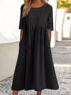 Robe décontractée en coton et lin à manches courtes et poches pour femme