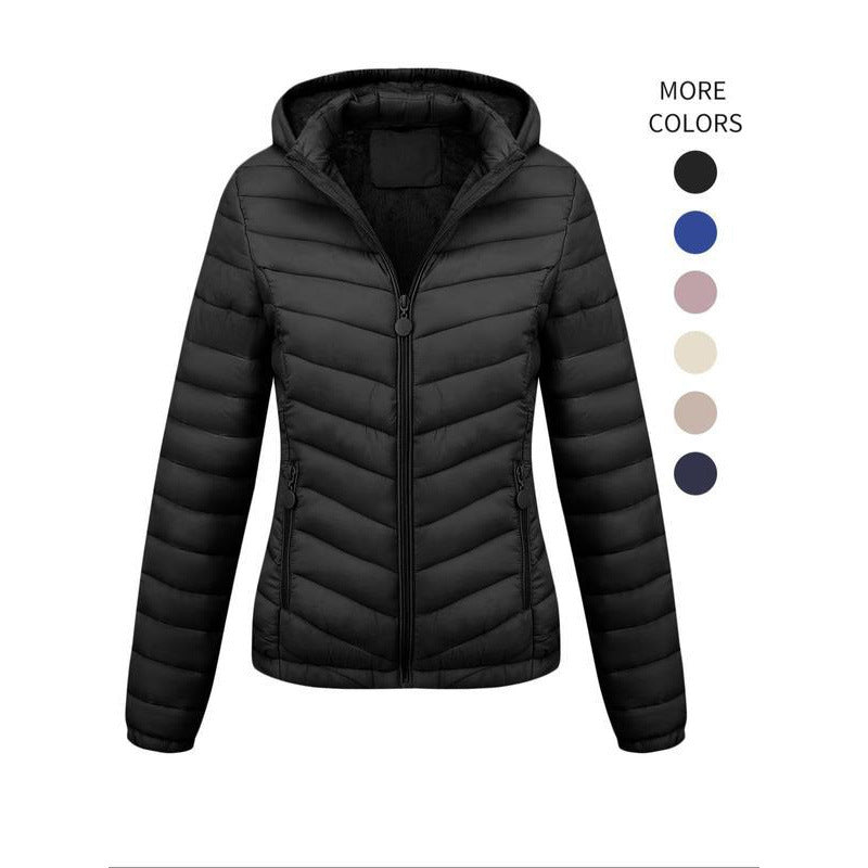 Manteau d'hiver décontracté à capuche zippé de couleur unie pour femme
