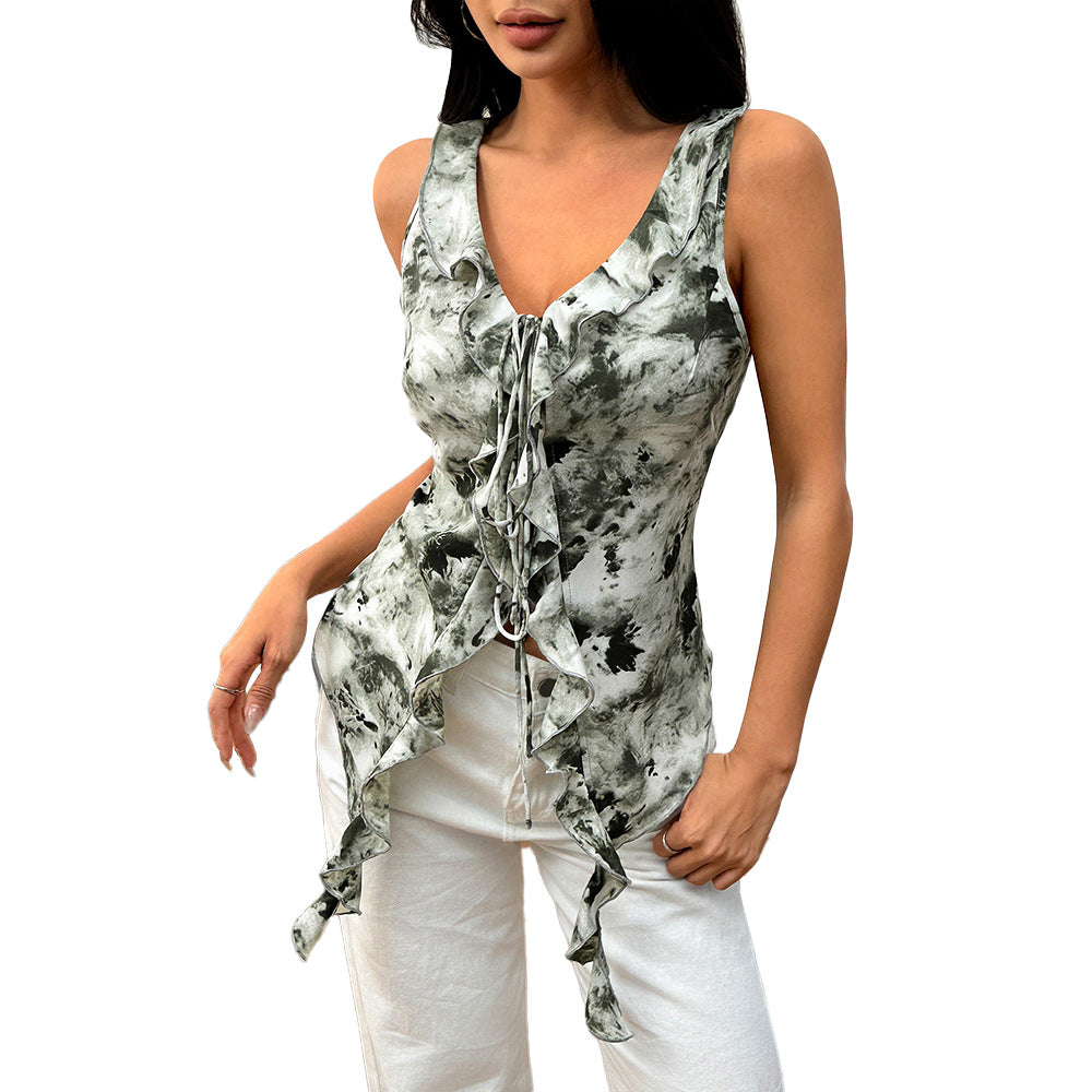 Débardeur sexy pour femme à col en V et lacets, motif léopard