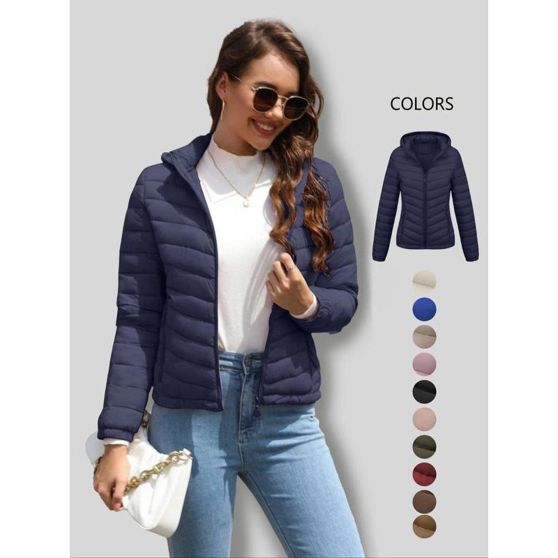 Manteau d'hiver décontracté à capuche zippé de couleur unie pour femme