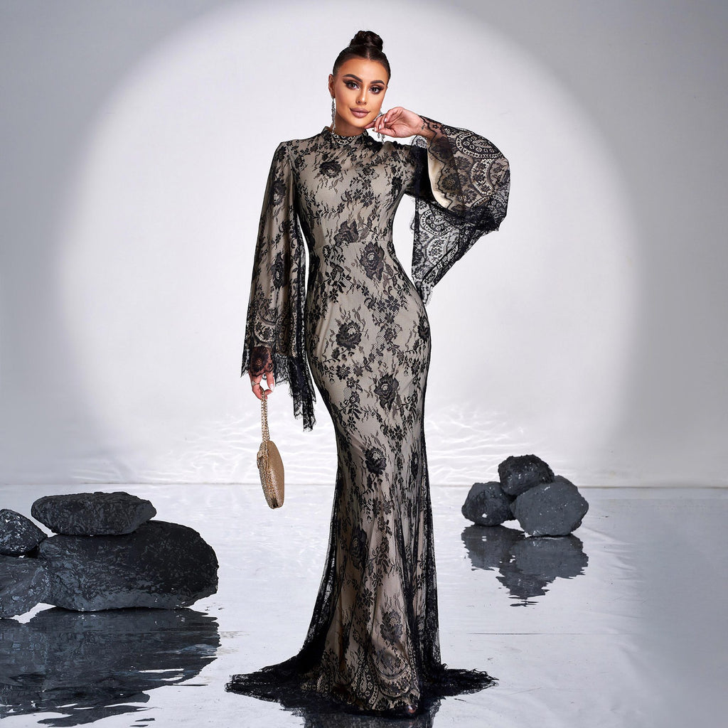 Robe de soirée sexy à manches longues et col rond en dentelle