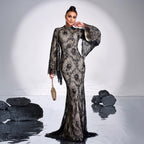 Robe de soirée sexy à manches longues et col rond en dentelle