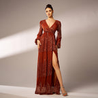 Robe de soirée longue à sequins, col en V et manches longues, sexy