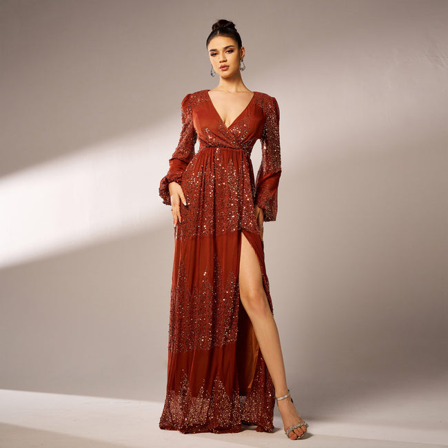 Robe de soirée longue à sequins, col en V et manches longues, sexy Hover Image
