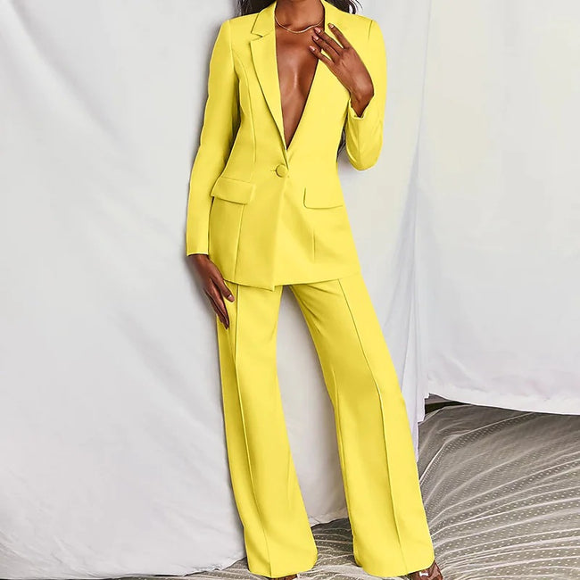 Ensemble 2 pièces décontracté blazer à revers boutonné et pantalon droit pour le bureau, les trajets quotidiens et les affaires Main Image