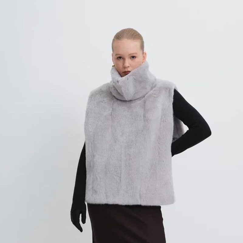 Nouveau gilet en fourrure sans manches à demi-col roulé de couleur unie pour femmes