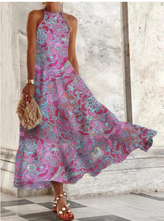Robe longue confortable sans manches pour femme, à motif porcelaine bleue et blanche