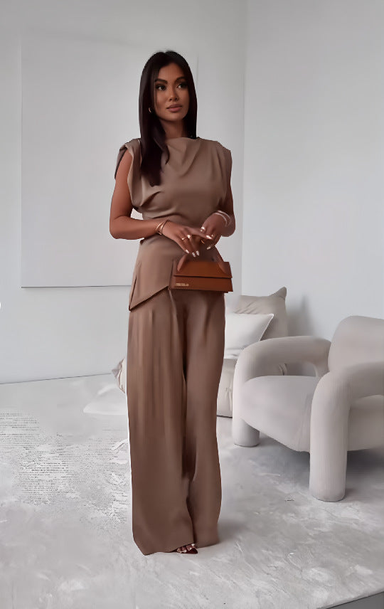 Ensemble pantalon et haut fendus irréguliers amincissants sans manches pour femme