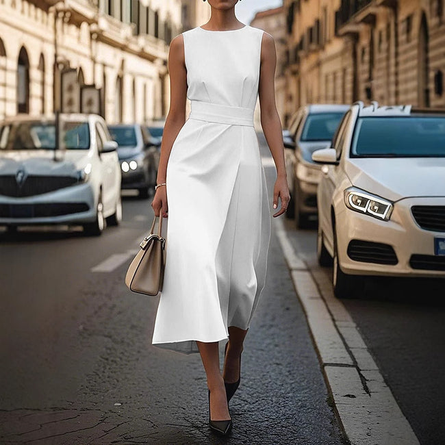 Robe d'été irrégulière sans manches avec ceinture, robe ajustée et élégante avec fermeture éclair au dos pour femmes. Main Image