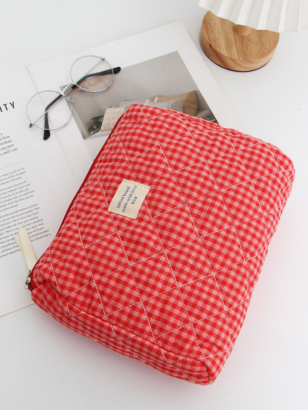 Red Plaid Makeup Bag Portable For Travel