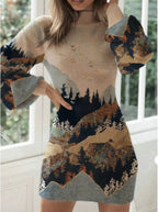 Robe-pull longue imprimée pour femme à col haut