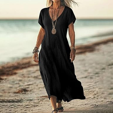 Robe ample unie en coton et lin à col en V