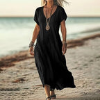 Robe ample unie en coton et lin à col en V