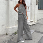 Ensemble deux pièces gilet licou à lacets sans manches et pantalon large pour femme