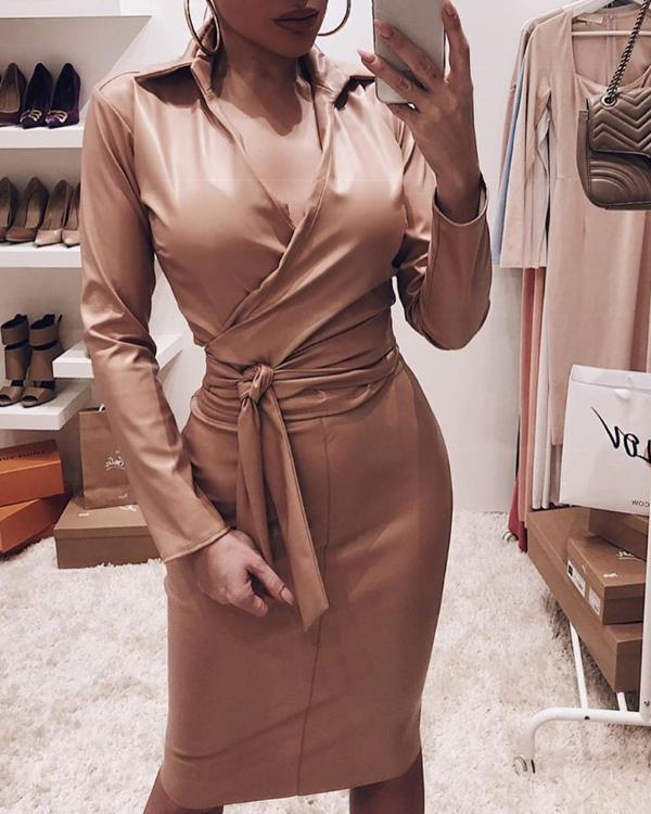 Robe slim sexy en similicuir à col en V