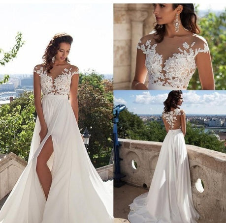 Robe de mariée bohème Robe de mariée en mousseline longueur ras du sol avec applications, personnalisable, élégante Hover Image
