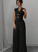 Ensemble de vêtements d'été sans manches pour femmes, avec veste à revers boutonnée et pantalon plissé droit.