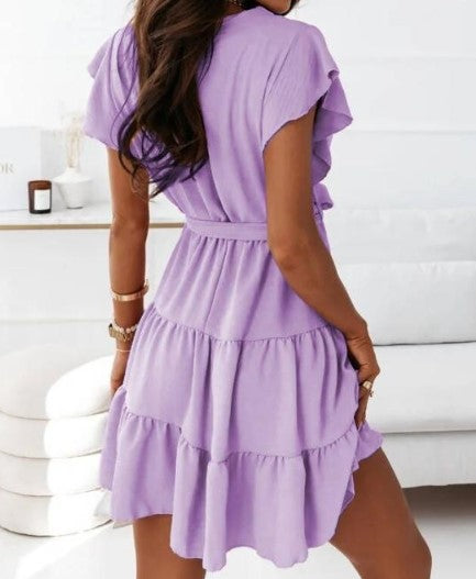 Nouvelle Robe d'Été Femme Unie Col en V Pull Sangle Taille Cintrée Manches Courtes Couture Grande Balançoire