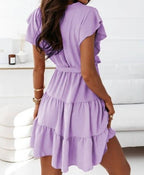 Nouvelle Robe d'Été Femme Unie Col en V Pull Sangle Taille Cintrée Manches Courtes Couture Grande Balançoire