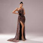 Robe de soirée à sequins léopard, col diagonal et une épaule