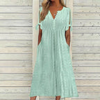 Robe longue d'été en broderie anglaise à col en V pour femme, manches courtes, coupe ample évasée pour la plage