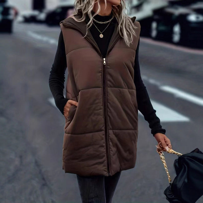 Gilet européen et américain automne et hiver mode couleur unie fermeture éclair à capuche Hover Image