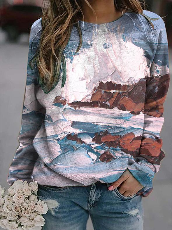Haut de T-shirt à manches longues à imprimé paysage pour femme, populaire